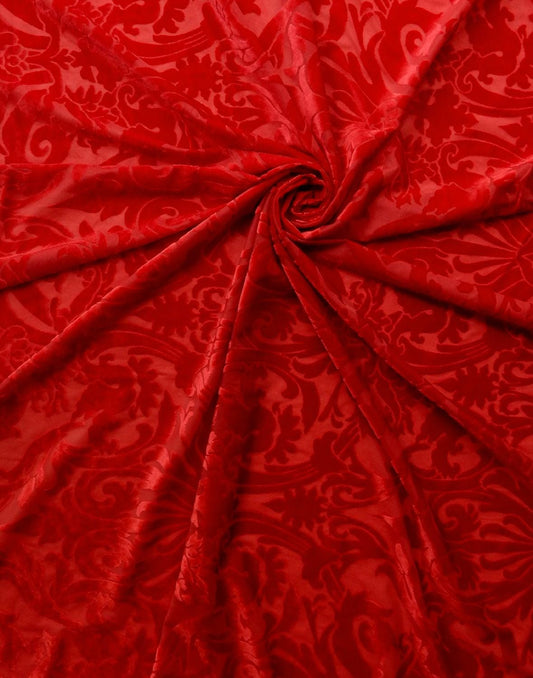 RED Damask Floral Burnout Stretch Velvet Fabric (58 in.) Sold By The Yard