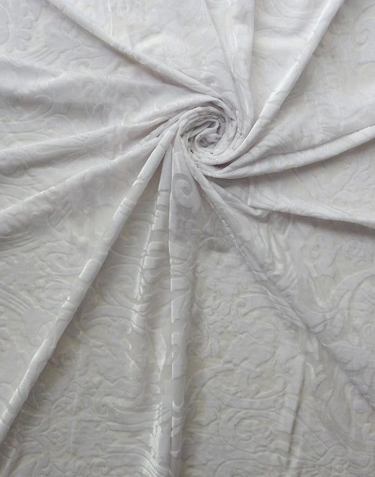 WHITE Damask Floral Burnout Stretch Velvet Fabric (58 in.) Sold By The Yard