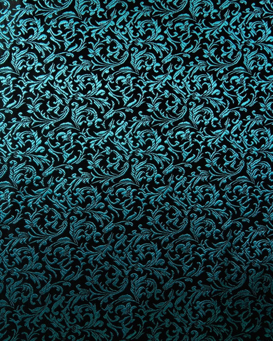 Turquoise Blue Black Floral Silk Brocade Fabric (30 in.) Sold By The Yard