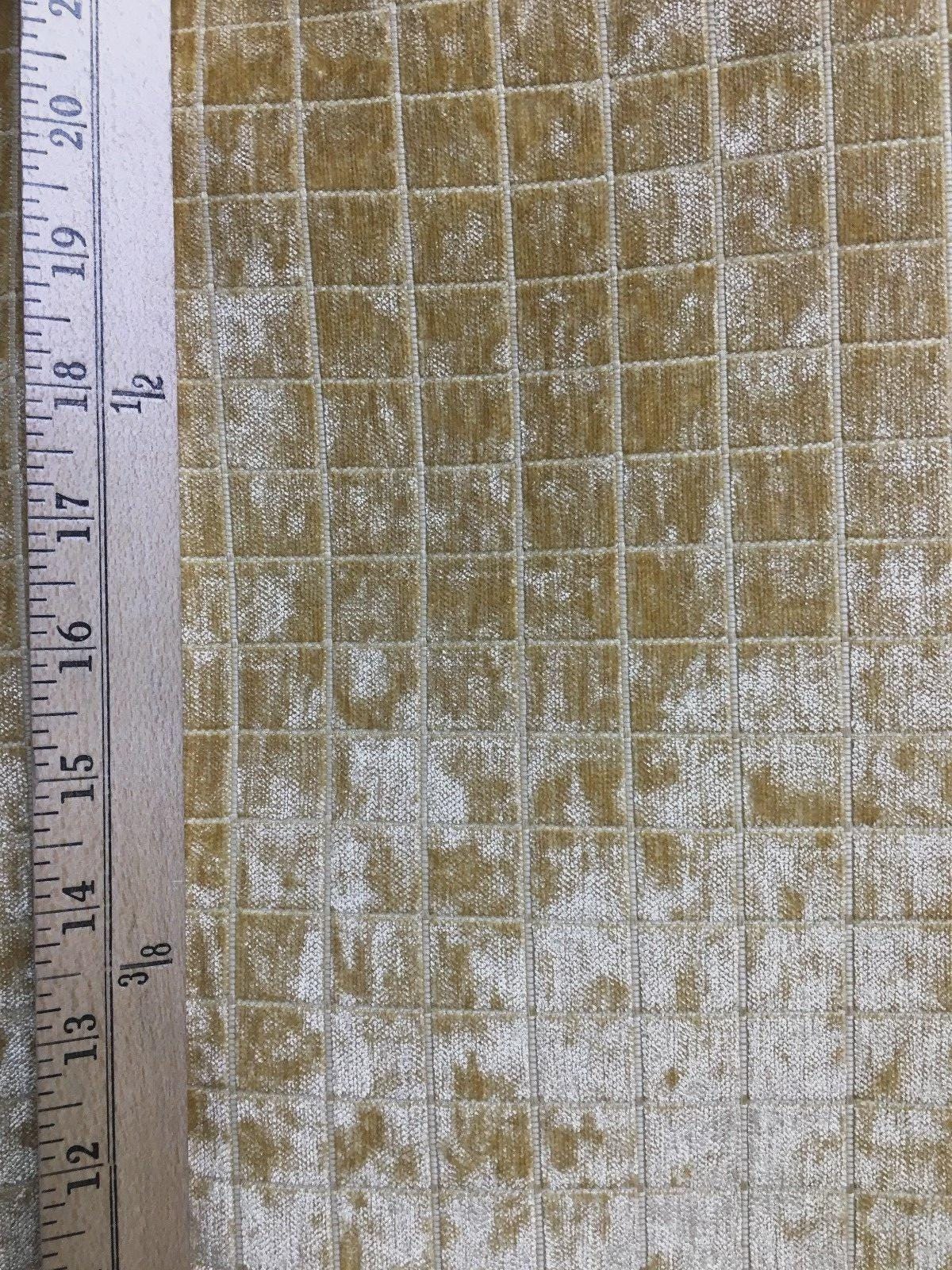 LIGHT GOLD Box Plaid Geometric Chenille Upholstery Brocade Fabric (54 in.) Sold By The Yard