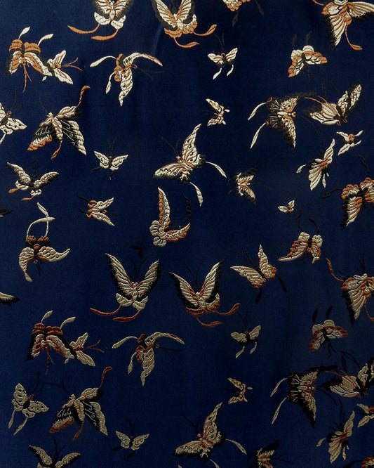 Navy Blue Gold Butterflies Silk Brocade Fabric (30 in.) Sold By The Yard