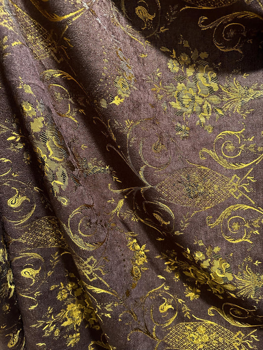 BROWN GOLD Floral  Damask Chenille Upholstery Drapery Fabric (54 in.) Sold By The Yard