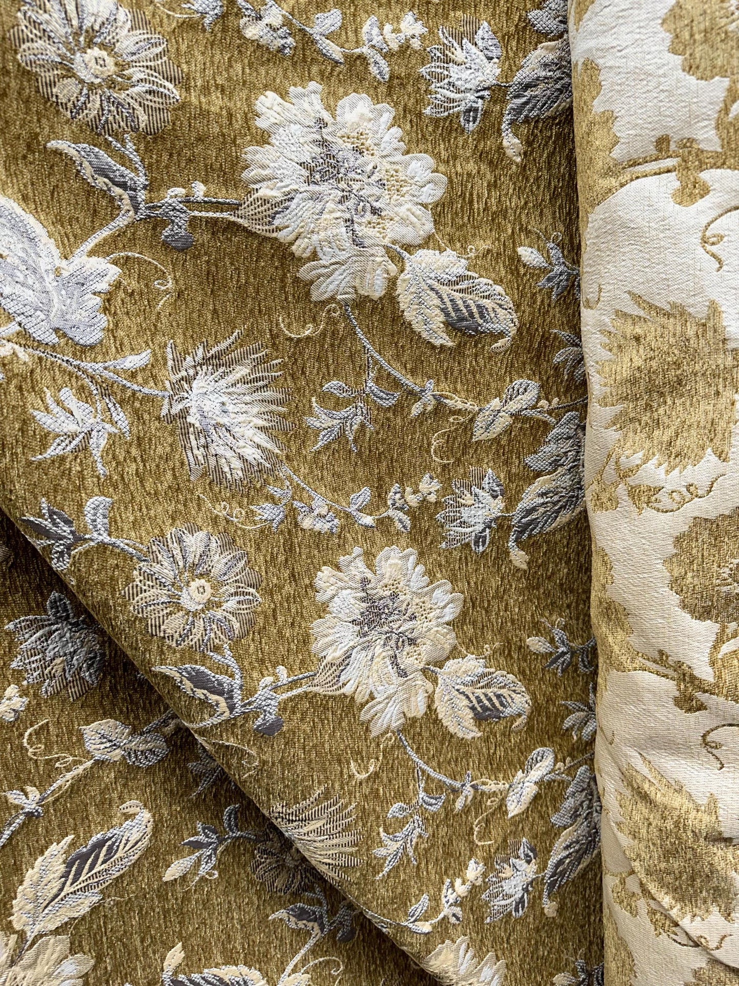 DARK GOLD BEIGE Floral Chenille Upholstery Fabric (54 in.) Sold By The Yard