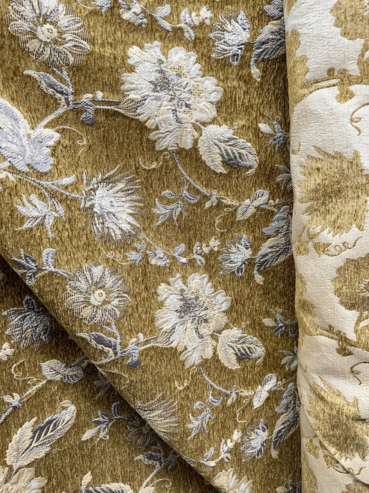 DARK GOLD BEIGE Floral Chenille Upholstery Fabric (54 in.) Sold By The Yard