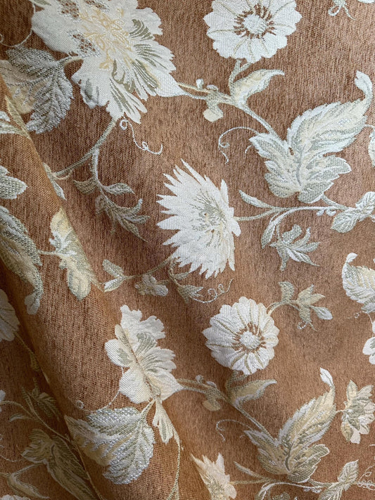 PEACH BROWN BEIGE Floral Chenille Upholstery Fabric (54 in.) Sold By The Yard