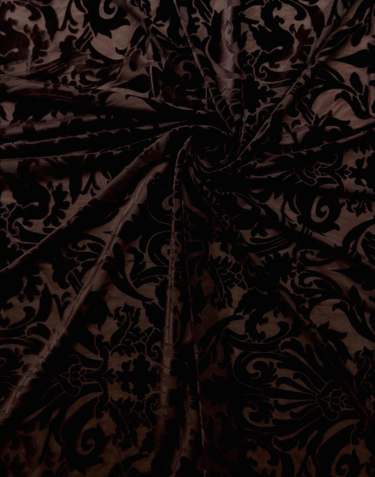 BROWN Damask Floral Burnout Stretch Velvet Fabric (58 in.) Sold By The Yard
