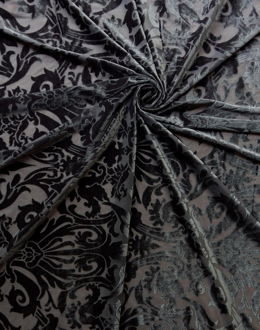 GREY Damask Floral Burnout Stretch Velvet Fabric (58 in.) Sold By The Yard