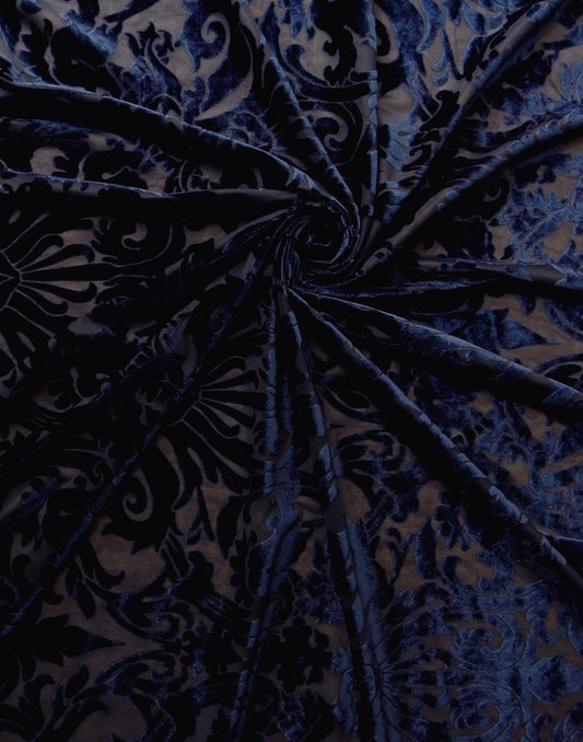 NAVY BLUE Damask Floral Burnout Stretch Velvet Fabric (58 in.) Sold By The Yard