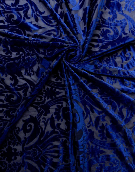 ROYAL BLUE Damask Floral Burnout Stretch Velvet Fabric (58 in.) Sold By The Yard