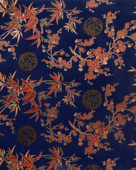 Blue Orange Gold Floral Silk Brocade Fabric (30 in.) Sold By The Yard