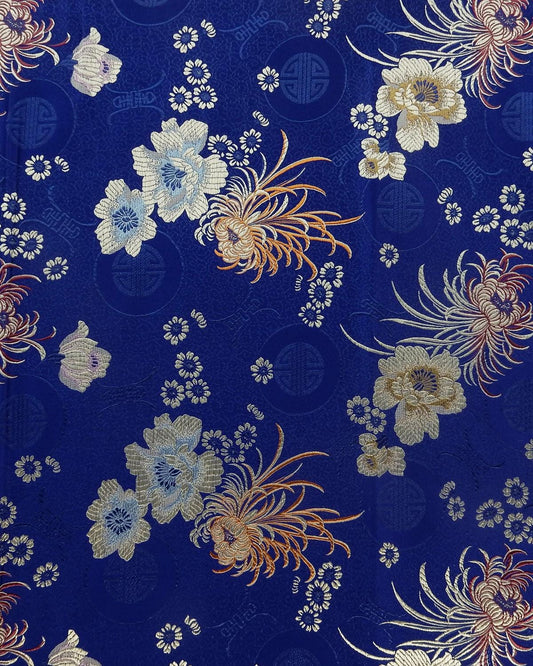 Royal Blue Gold Floral Silk Brocade Fabric (30 in.) Sold By The Yard