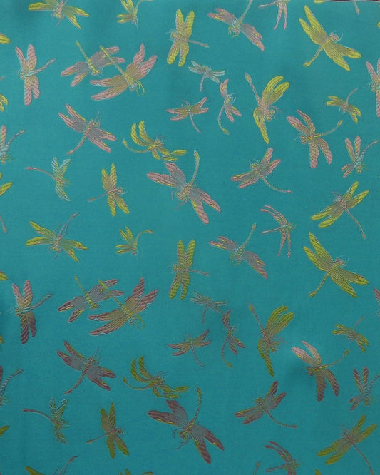 Turquoise Blue Multicolor Dragonflies Silk Brocade Fabric (30 in.) Sold By The Yard