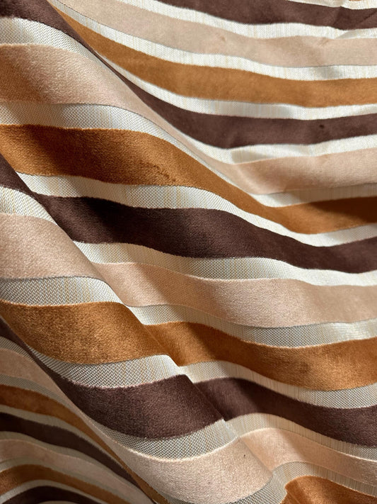 BROWN BEIGE Striped Velvet Upholstery Brocade Fabric (54 in.) Sold By The Yard