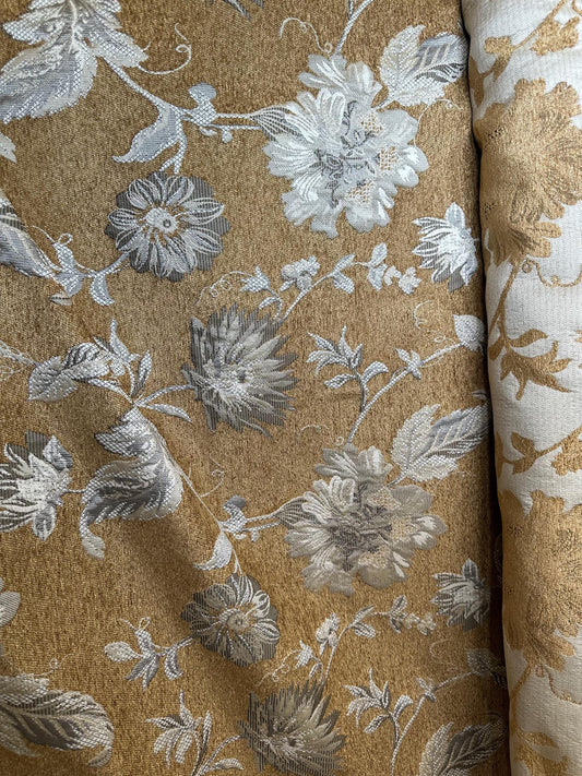 GOLDEN BROWN BEIGE Floral Chenille Upholstery Fabric (54 in.) Sold By The Yard
