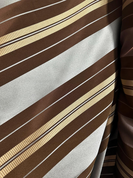 Light Blue Brown Gold Striped Taffeta Brocade Drapery Fabric (54 in.) Sold By The Yard