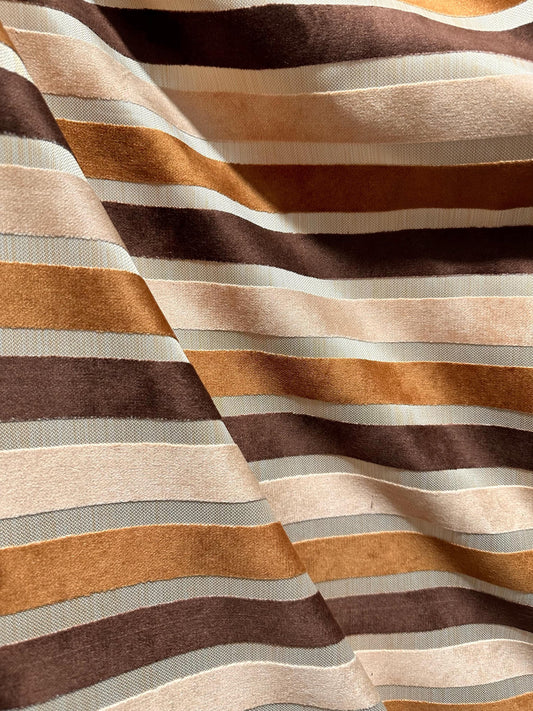 BROWN BEIGE Striped Velvet Upholstery Brocade Fabric (54 in.) Sold By The Yard