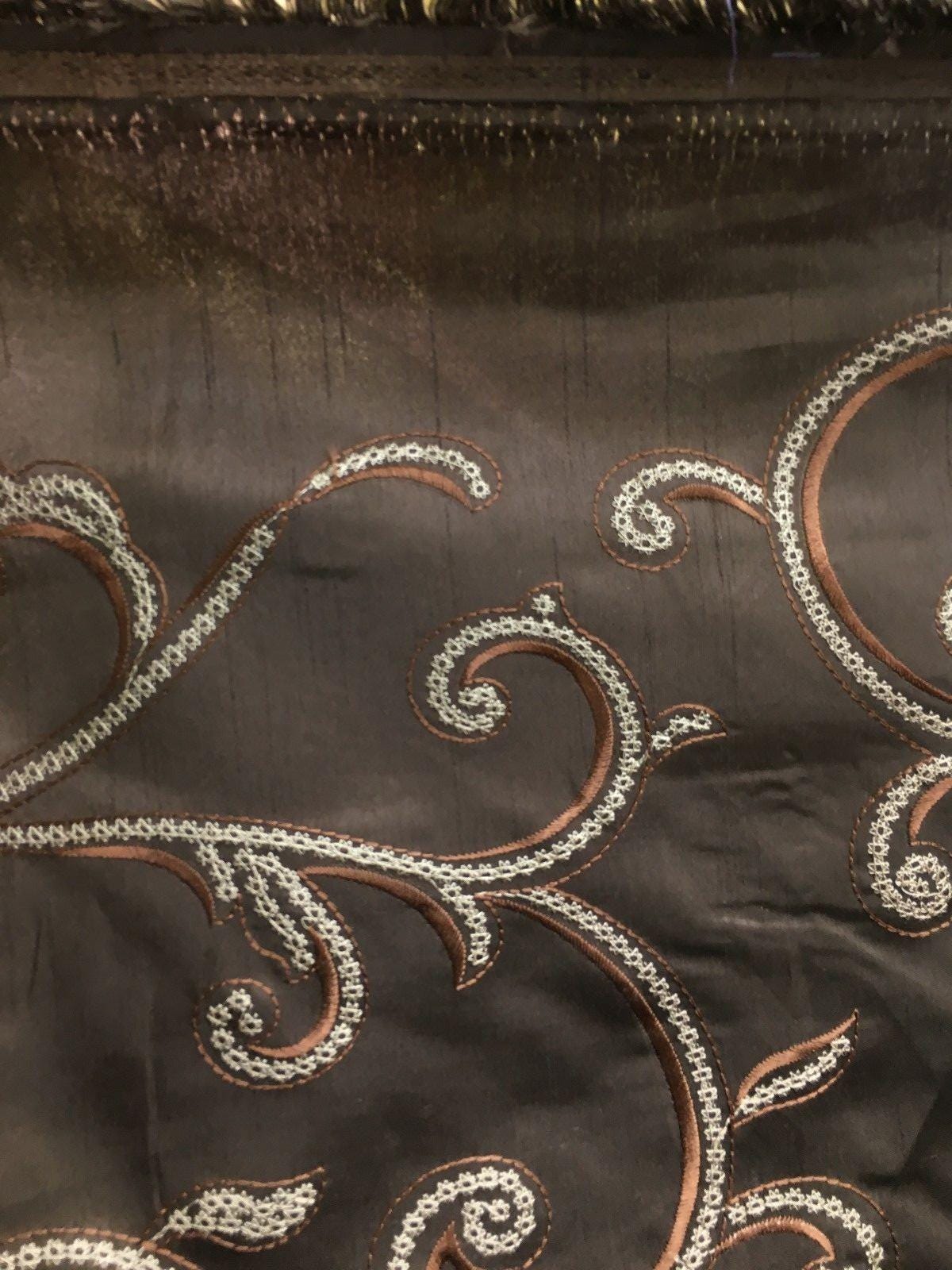 BROWN IVORY Floral Embroidered 100% Polyester Dupioni Fabric (54 in.) Sold By The Yard