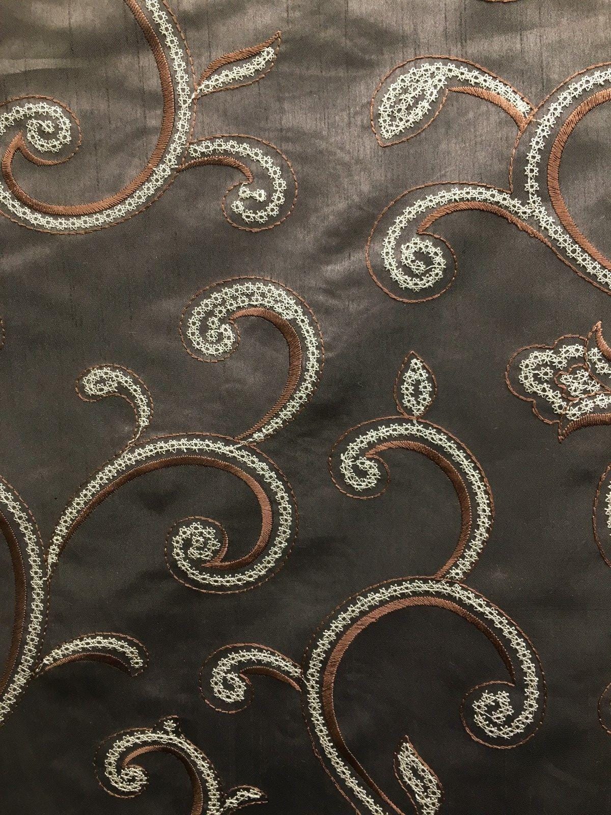 BROWN IVORY Floral Embroidered 100% Polyester Dupioni Fabric (54 in.) Sold By The Yard