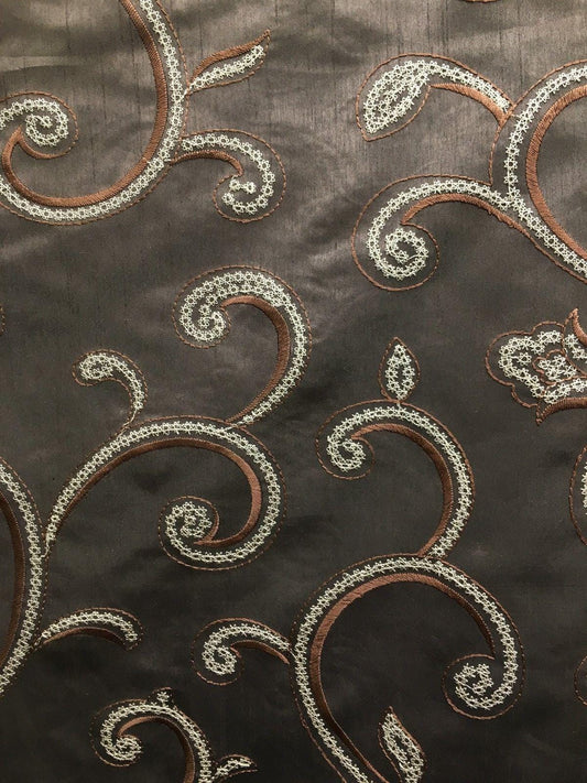 BROWN IVORY Floral Embroidered 100% Polyester Dupioni Fabric (54 in.) Sold By The Yard