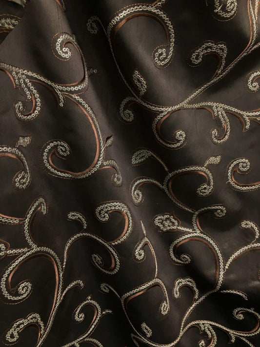 BROWN IVORY Floral Embroidered 100% Polyester Dupioni Fabric (54 in.) Sold By The Yard