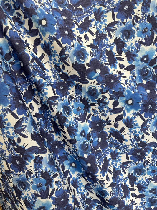 BLUE WHITE Floral Print One Way Stretch Cotton Fabric (60 in.) Sold By The Yard