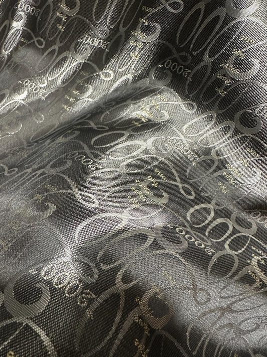 BLACK SILVER  "2000" Text Brocade Fabric (60 in.) Sold By The Yard