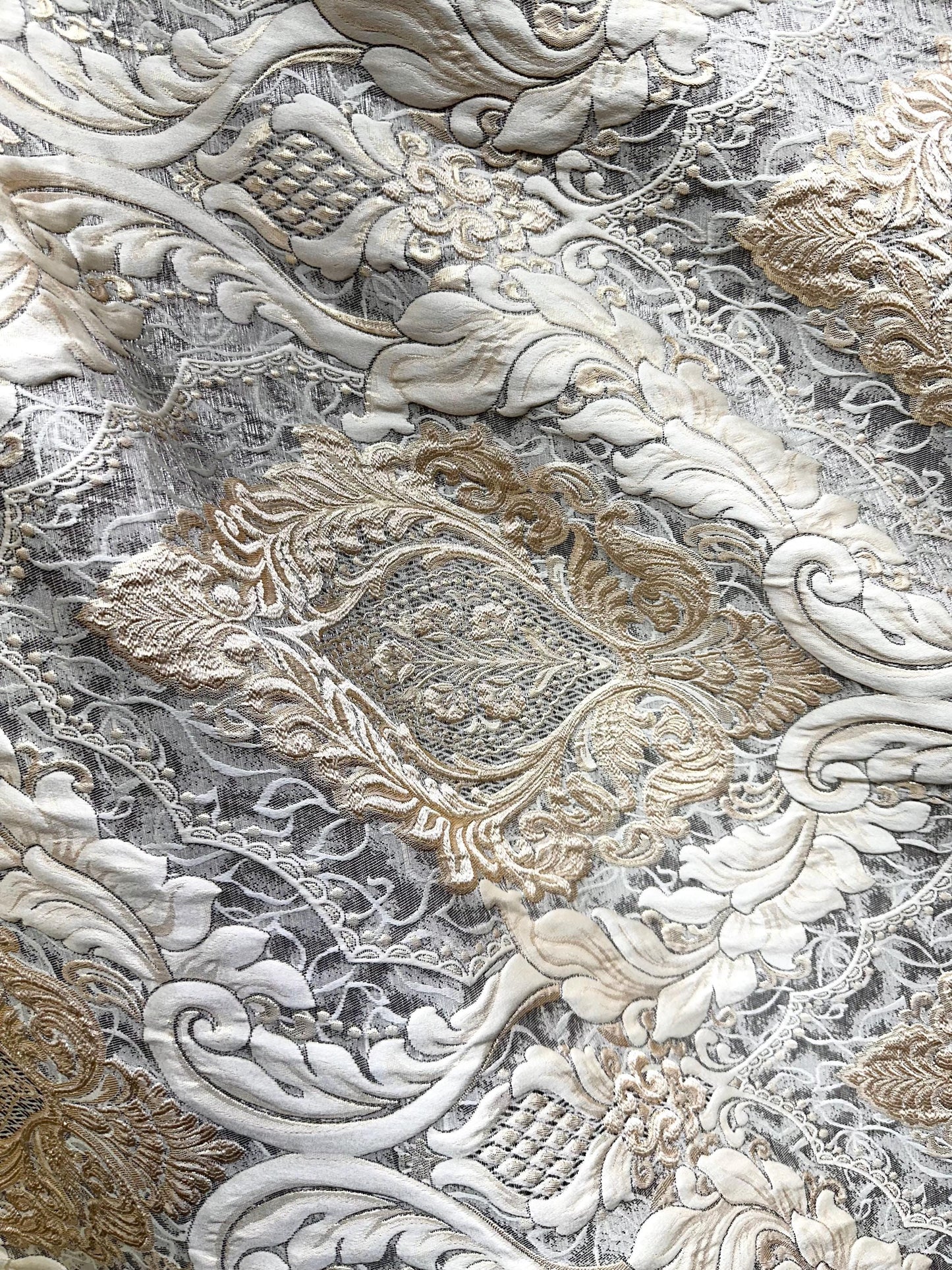IVORY GOLD BROWN Damask Brocade Upholstery Drapery Fabric (110 in.) Sold By The Yard