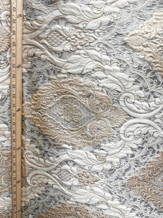 IVORY GOLD BROWN Damask Brocade Upholstery Drapery Fabric (110 in.) Sold By The Yard