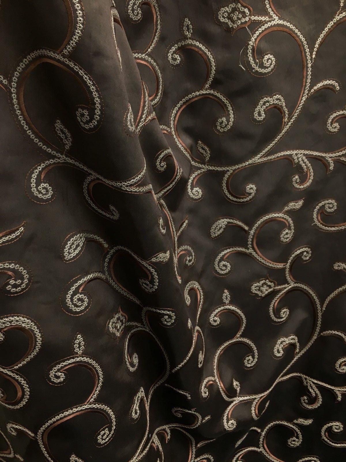 BROWN IVORY Floral Embroidered 100% Polyester Dupioni Fabric (54 in.) Sold By The Yard