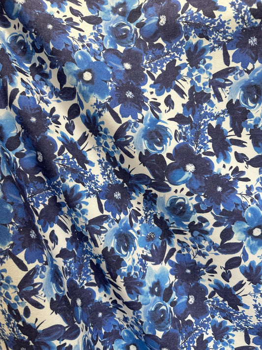 BLUE WHITE Floral Print One Way Stretch Cotton Fabric (60 in.) Sold By The Yard