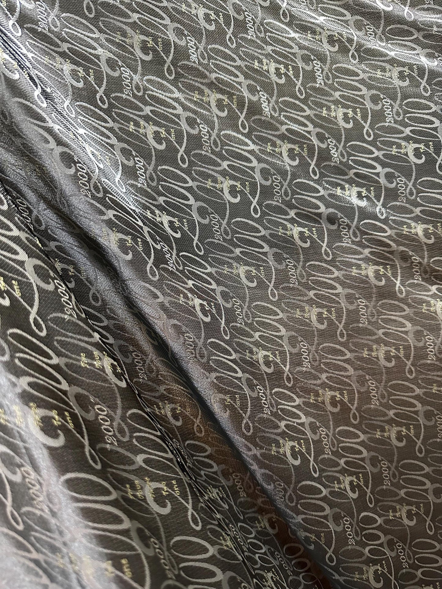 BLACK SILVER  "2000" Text Brocade Fabric (60 in.) Sold By The Yard