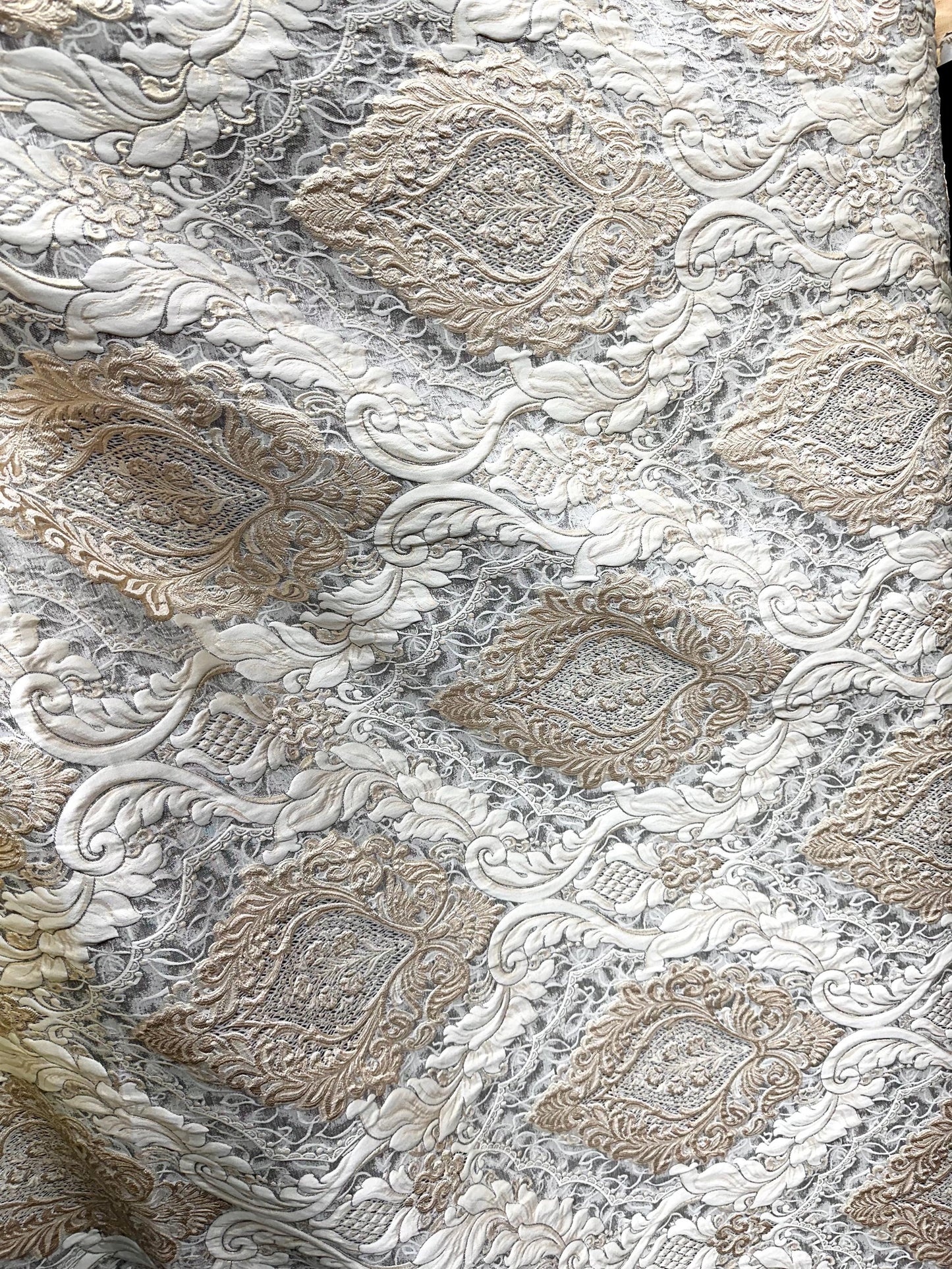 IVORY GOLD BROWN Damask Brocade Upholstery Drapery Fabric (110 in.) Sold By The Yard