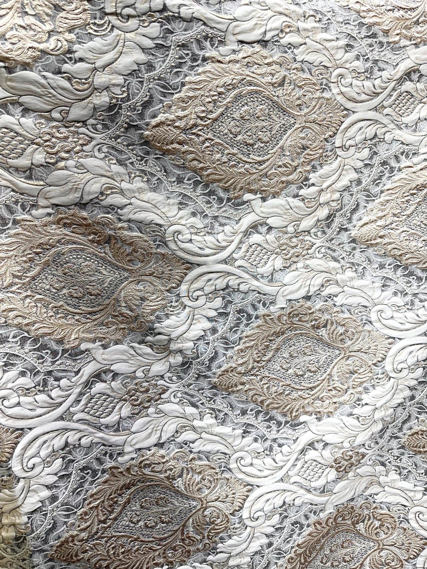 IVORY GOLD BROWN Damask Brocade Upholstery Drapery Fabric (110 in.) Sold By The Yard