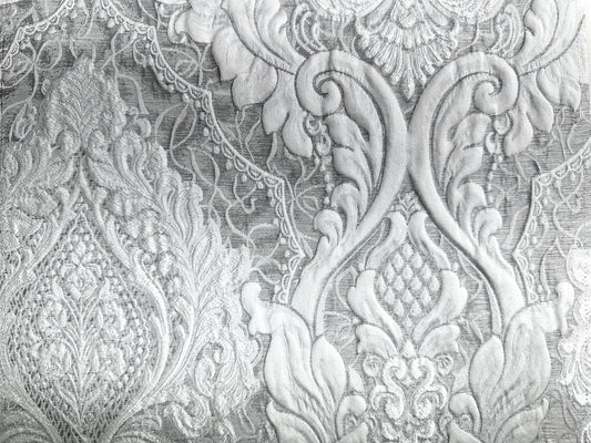 GREY SILVER Damask Brocade Upholstery Drapery Fabric (110 in.) Sold By The Yard
