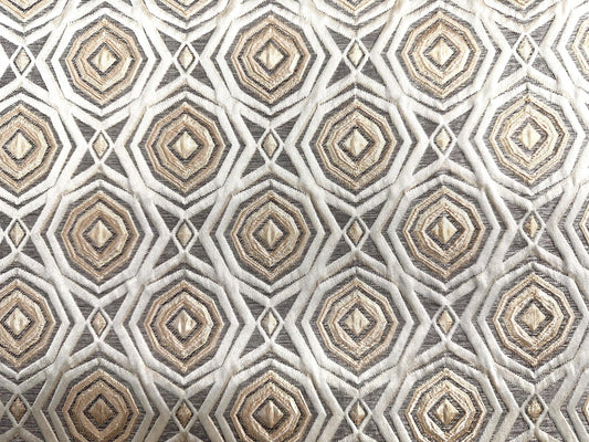 IVORY GOLD BROWN Raised Geometric Brocade Upholstery Drapery Fabric (110 in.) Sold By The Yard