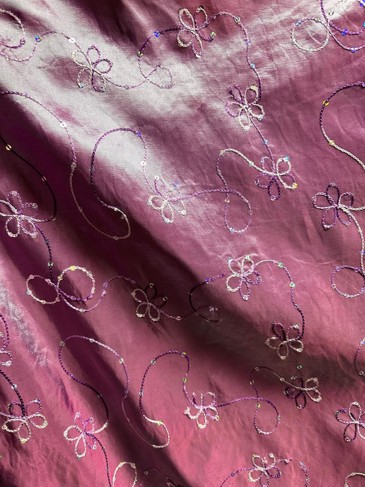 MAGENTA BLUE Two Tone Floral Sequins Embroidery Taffeta Fabric (60 in.) Sold By The Yard