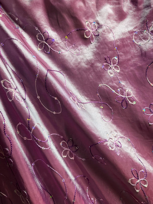MAGENTA BLUE Two Tone Floral Sequins Embroidery Taffeta Fabric (60 in.) Sold By The Yard
