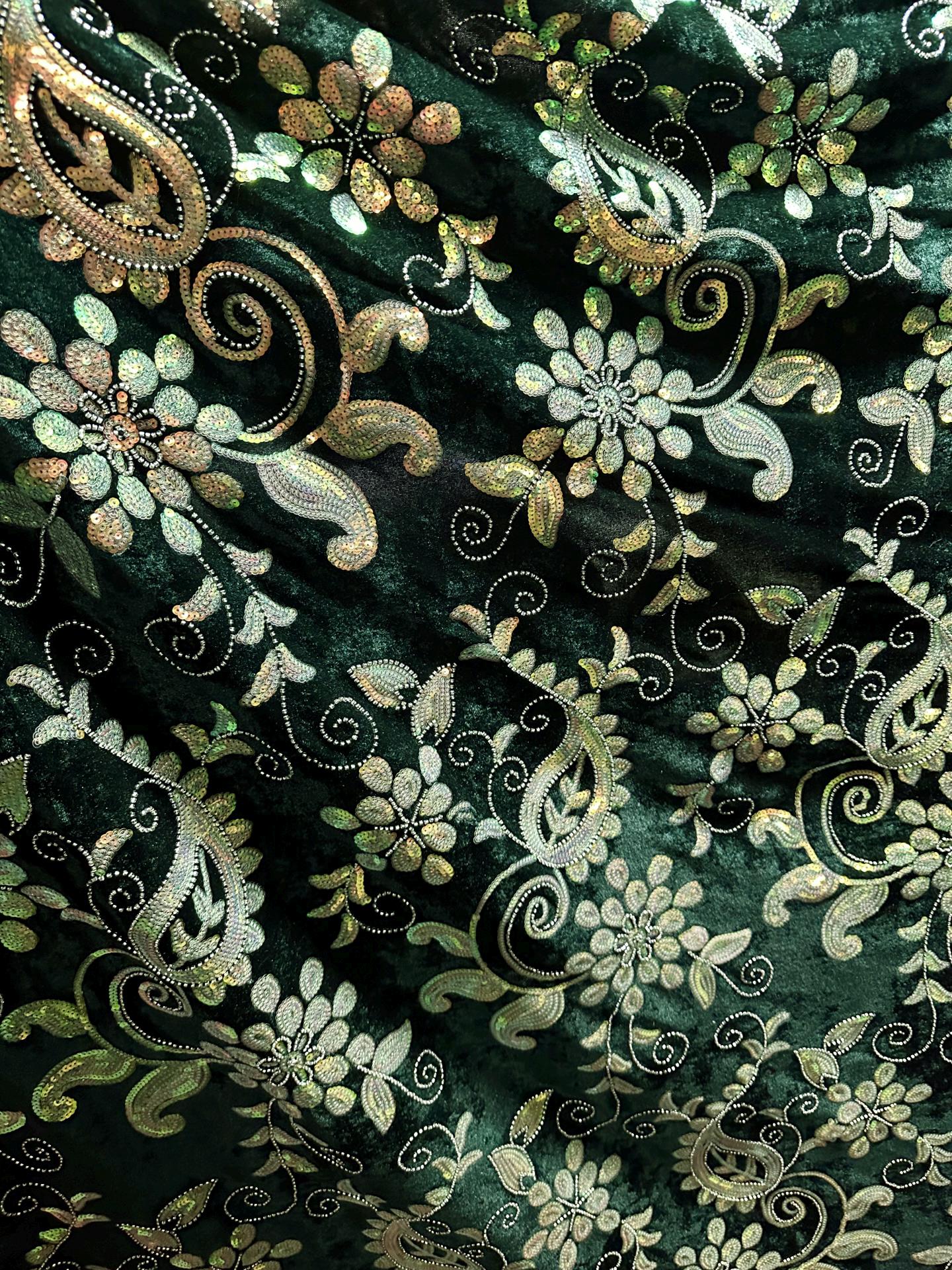 EMERALD GREEN Floral Sequin Beaded Stretch Velvet Fabric (58 in.) Sold By The Yard