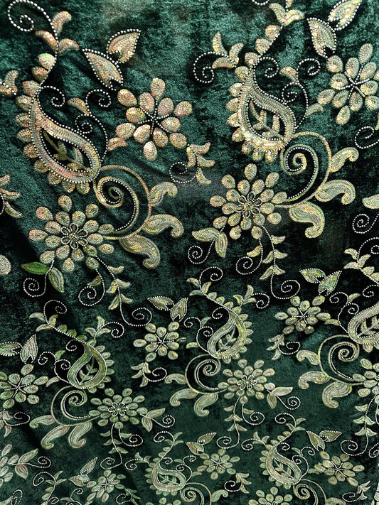 EMERALD GREEN Floral Sequin Beaded Stretch Velvet Fabric (58 in.) Sold By The Yard