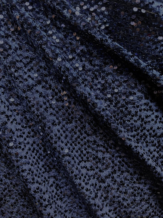 NAVY BLUE Sequins Stretch Velvet Fabric (58 in.) Sold By The Yard