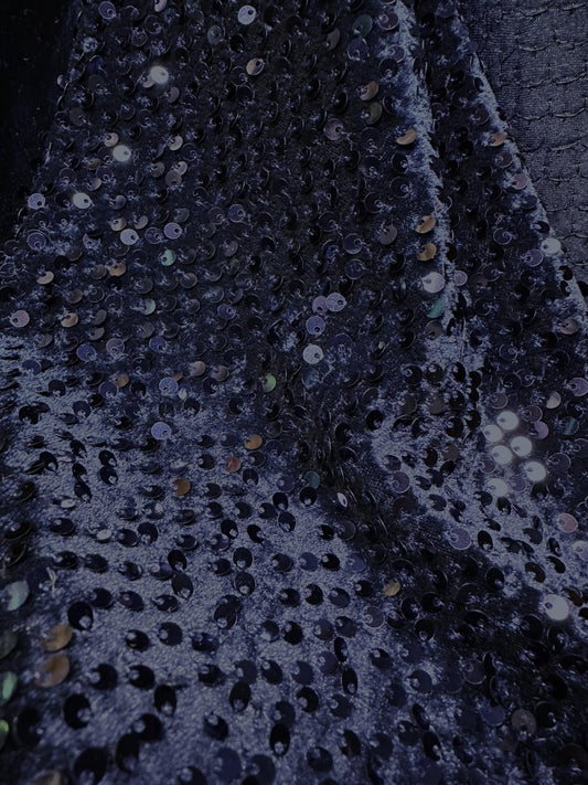 NAVY BLUE Sequins Stretch Velvet Fabric (58 in.) Sold By The Yard