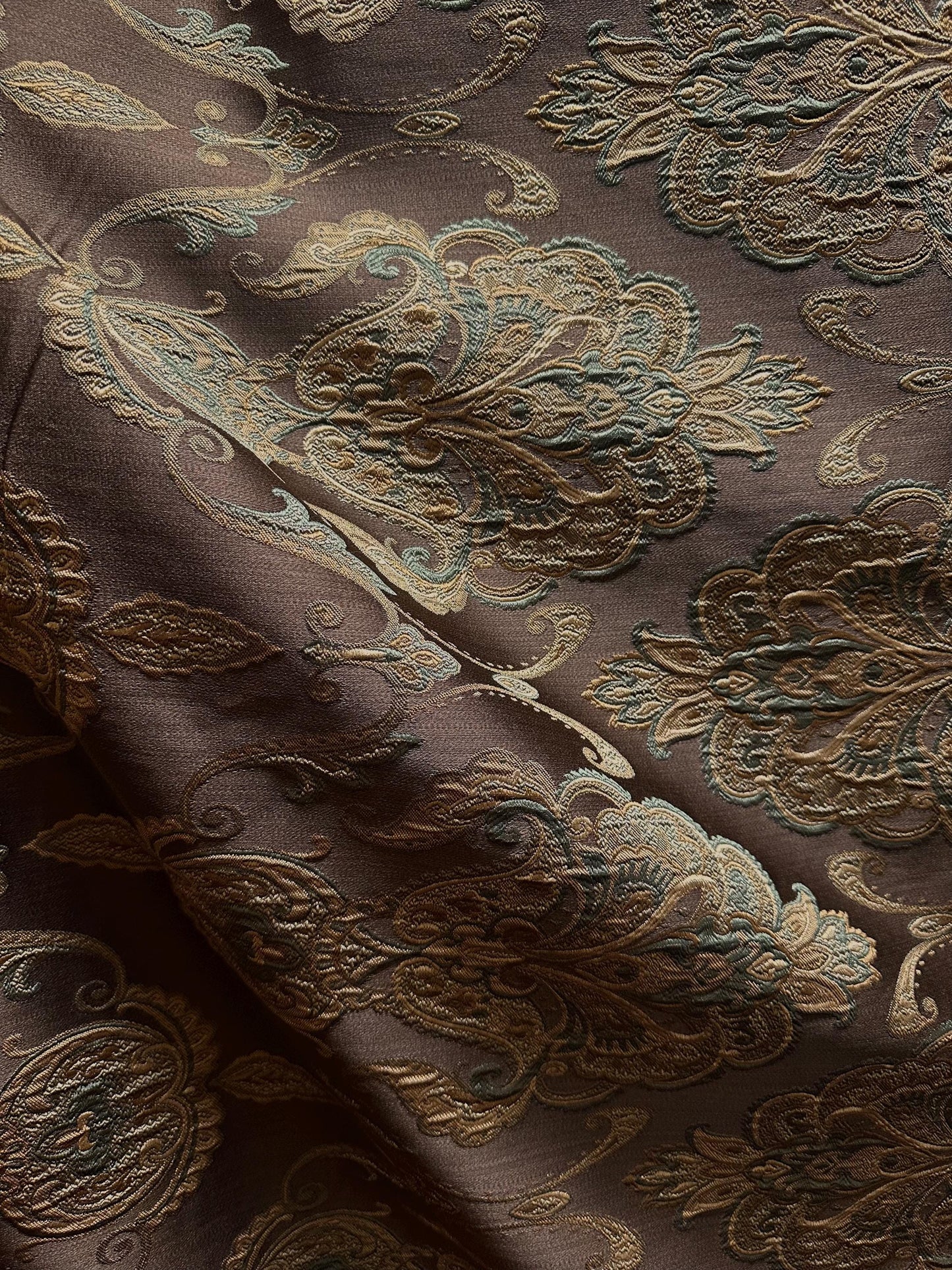 BROWN GOLD GREEN Damask Brocade Upholstery Drapery Fabric (110 in.) Sold By The Yard