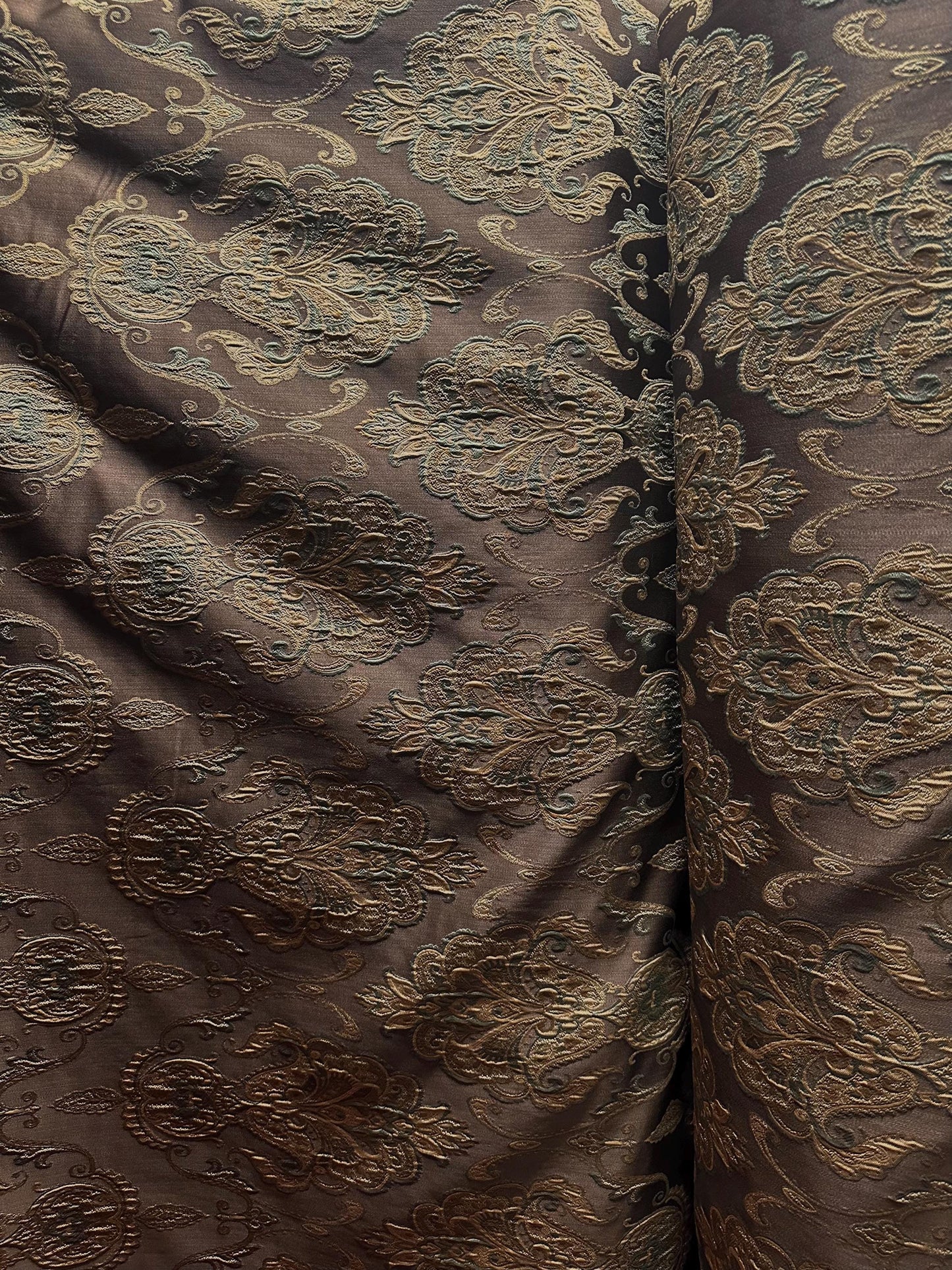 BROWN GOLD GREEN Damask Brocade Upholstery Drapery Fabric (110 in.) Sold By The Yard