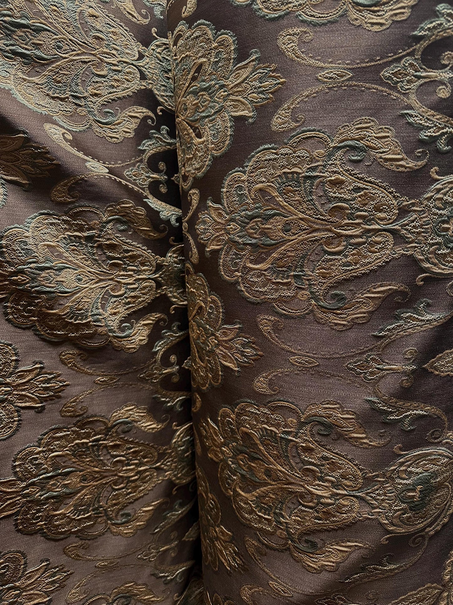BROWN GOLD GREEN Damask Brocade Upholstery Drapery Fabric (110 in.) Sold By The Yard