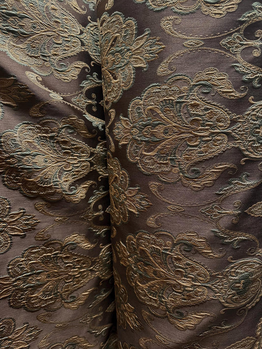 BROWN GOLD GREEN Damask Brocade Upholstery Drapery Fabric (110 in.) Sold By The Yard