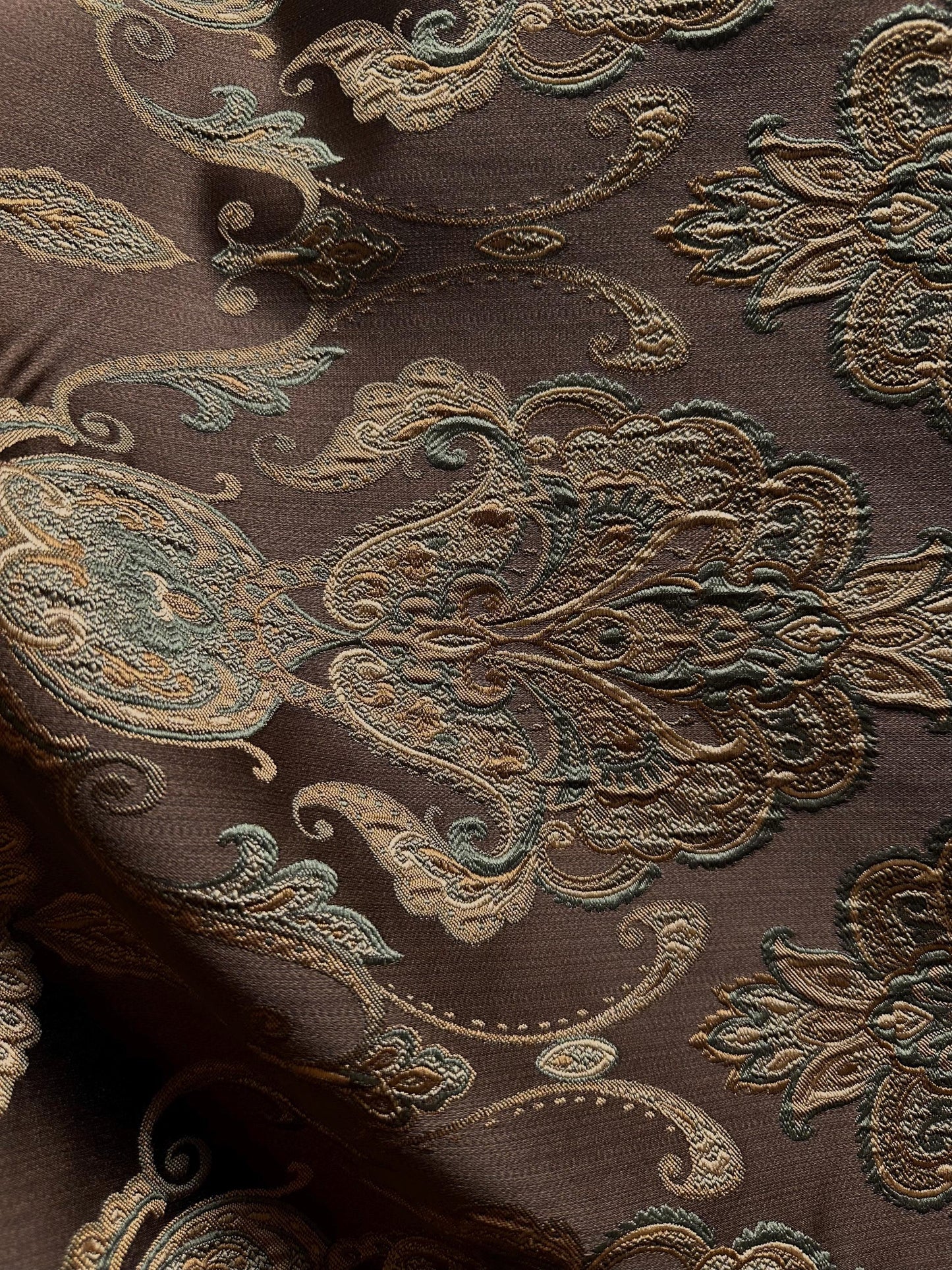 BROWN GOLD GREEN Damask Brocade Upholstery Drapery Fabric (110 in.) Sold By The Yard