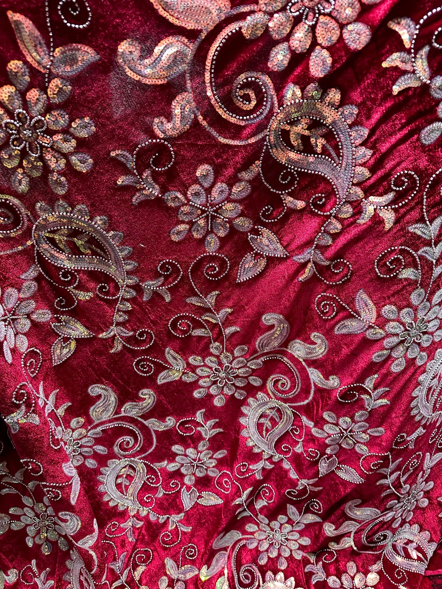 RED Floral Sequin Beaded Stretch Velvet Fabric (58 in.) Sold By The Yard