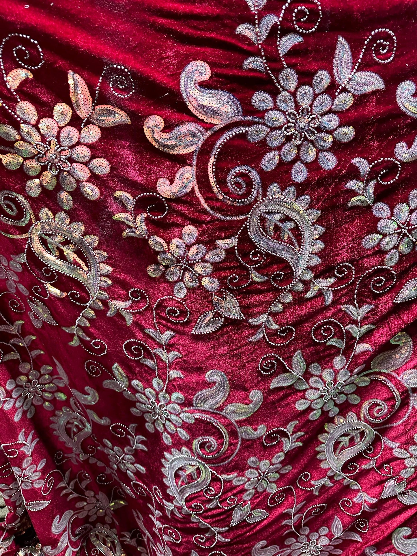 RED Floral Sequin Beaded Stretch Velvet Fabric (58 in.) Sold By The Yard