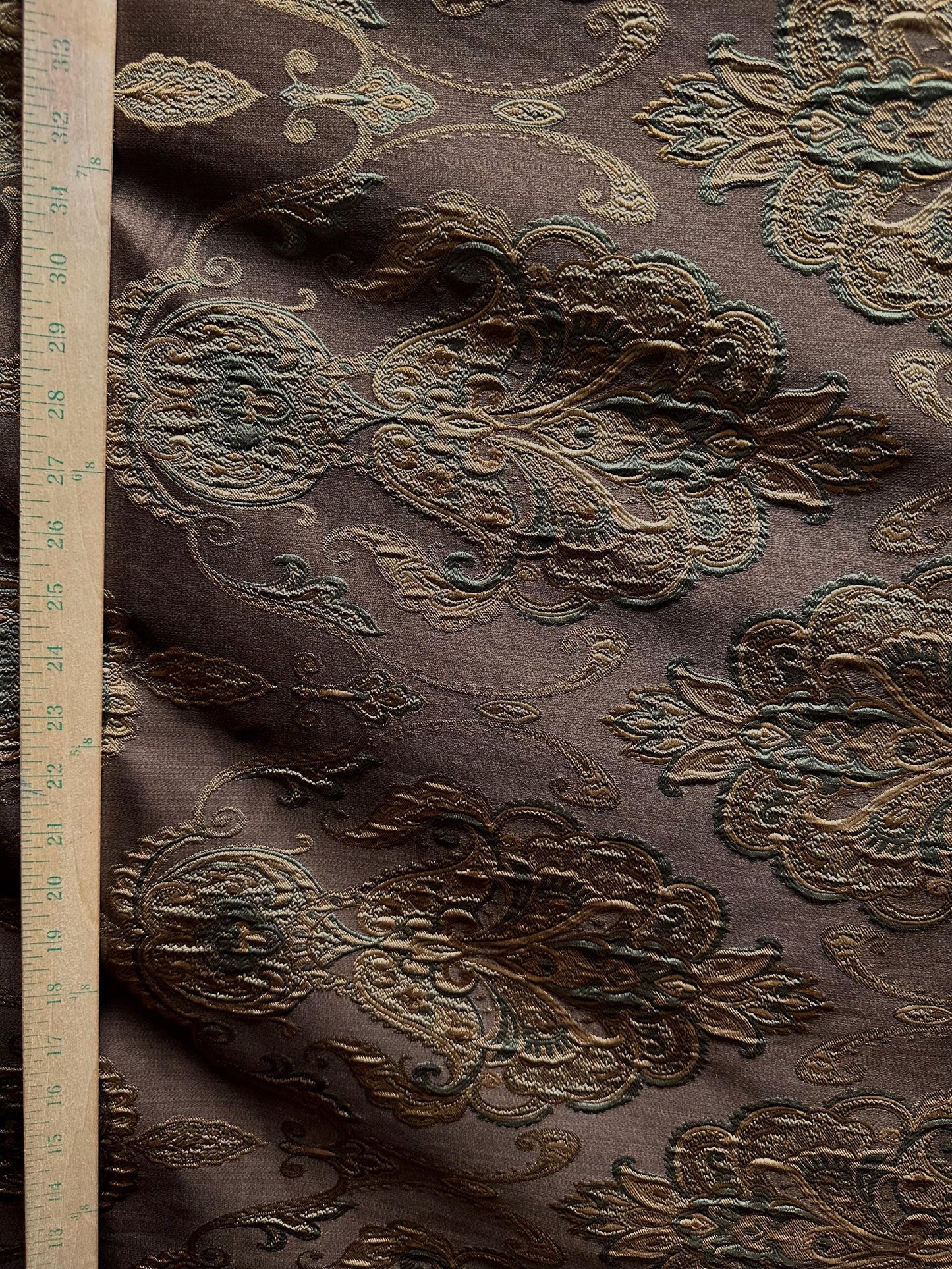 BROWN GOLD GREEN Damask Brocade Upholstery Drapery Fabric (110 in.) Sold By The Yard