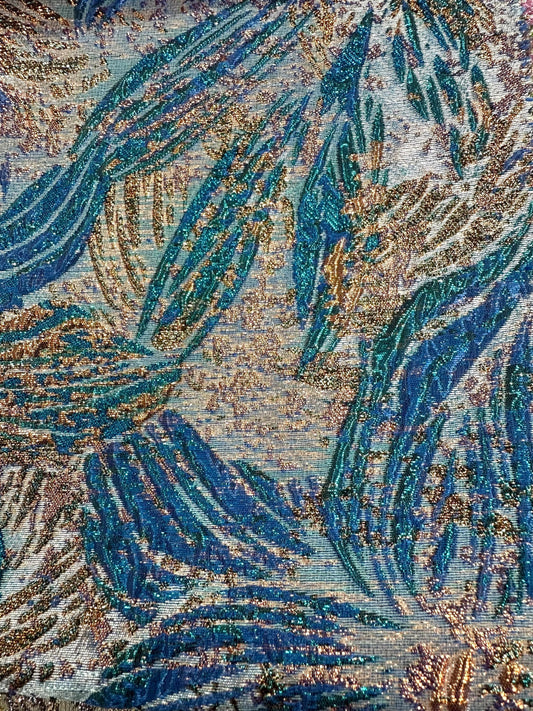 TURQUOISE BLUE MULTICOLOR Floral Metallic Brocade Fabric (60 in.) Sold By The Yard